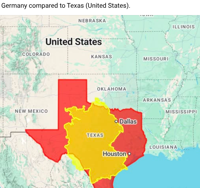 CasaDellaTires's tweet photo. @eurofounder @youngharold To be fair, here's the size of Germany compared to one US State; Texas. Germany has a population of 83 Million, while Texas has a population of 31 Million. 
@grok What was the 2025 GDP Per Capita of both Germany and Texas? What is the estimate for '26 GDP growth for both? https://t.co/CNE9FtOiD0