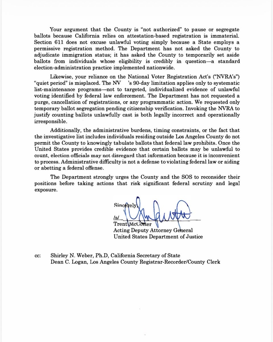 USAttyEssayli's tweet photo. California on Notice: Federal agencies identified over 20,000 suspected noncitizens registered to vote in California who have already been mailed ballots. Under 18 U.S.C. §§ 611 and 2, officials who knowingly tabulate unlawful ballots risk aiding and abetting a federal offense. @TheJusticeDept urges the County and the Secretary of State to temporarily segregate the flagged ballots pending citizenship verification or face legal consequences.