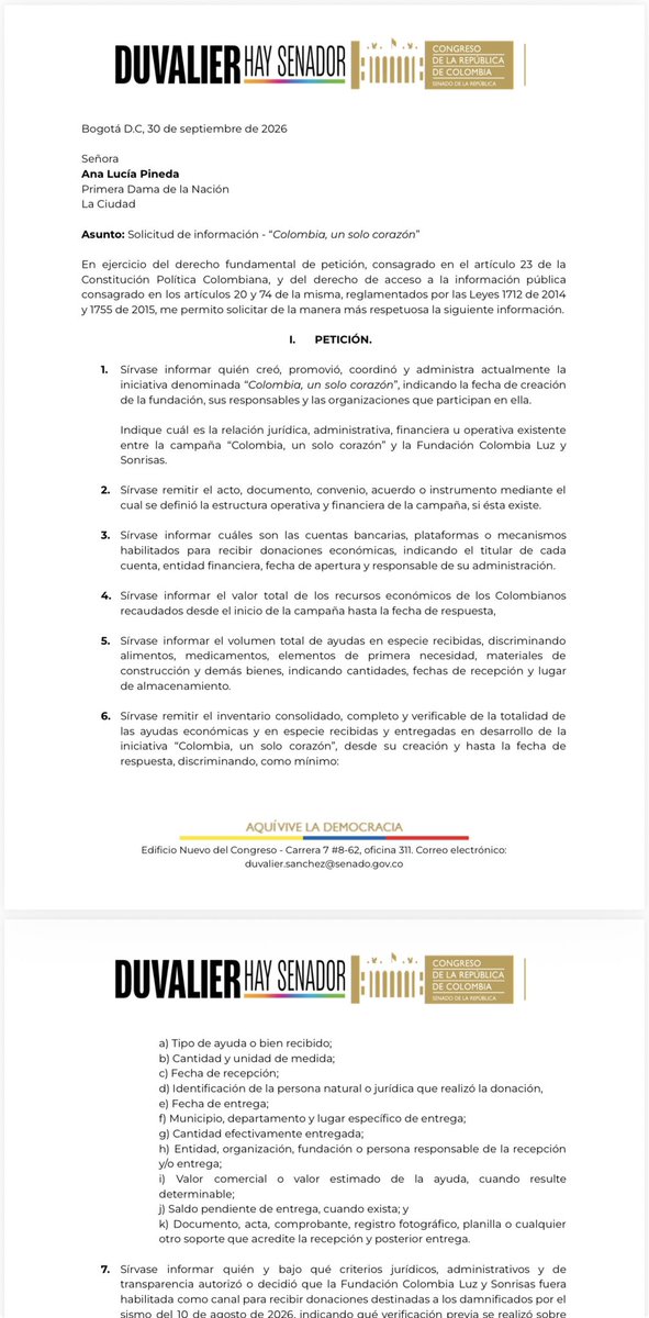DuvalierSanchez's tweet photo. 🚨¡Ocurrió "UN MILAGRO" en el Gobierno de Abelardo! Parece que la primera dama de la nación ha gestionado más casas que @soyjaimeandres, el ministro de Vivienda, Jaime Uribe, el gerente de la fe y el mismo Alcalde de Cali @alejoeder .

Lo que sí nos queda debiendo en su reporte de 25 páginas es información y  varias respuestas a nuestro derecho de petición. 

Por ejemplo, la Fundación sostiene que no recibió ni administró recursos públicos. Sin embargo, entre los aliados reportados por ella misma aparecen la Alcaldía de Barranquilla, las Gobernaciones del Cesar, del Tolima y Ecopetrol. Su directorio público también incluye a la Fuerza Aérea Colombiana y Satena. 

Entonces, ¿Cuáles fueron sus aportes? ¿Le llevaron las donaciones, le dieron la gasolina o cómo fue la presencia de esas entidades?

La Fundación Luz y Sonrisas dice que recogió $54.589 millones y los reportó como "recibidos, administrados y canalizados". El 81% de ese presupuesto fue entregado por los Gilinsky con una destinación MUY específica. ¿Dónde está el resto del 19% de la plata que recogió de los colombianos?

La lección más grande que nos está dejando  este capítulo es ver que la transparencia en este gobierno es la excepción y no la regla. 

Esto no va a tapar los legítimos cuestionamientos que tenemos. Lo cierto es que la gente necesita soluciones reales, siguen durmiendo en la calle en carpas, con mucha incertidumbre e incluso pasando hambre. 

La plata tiene que aparecer, la gente debe ser atendida y los territorios deben ser reconstruidos.

#SiempreConArgumentos