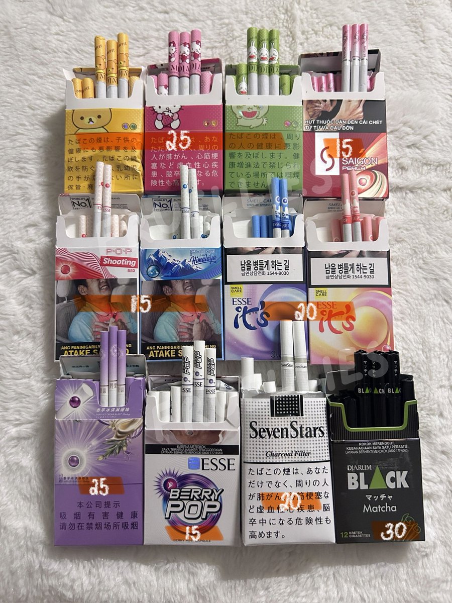 fruellies's tweet photo. wts lfb #yositwt

࿐ tingi cigs 💐

dj mix ice coffee rilakkuma
dj mix strawberry yogurt hello kitty 
dj mix watermelon usagi
alishan taro ice cream
djarum black matcha
seven stars charcoal
esse its ssom pink 
esse its ssom blue
esse berry pop
esse himalaya
esse shooting red https://t.co/CMyGFD6Qi6