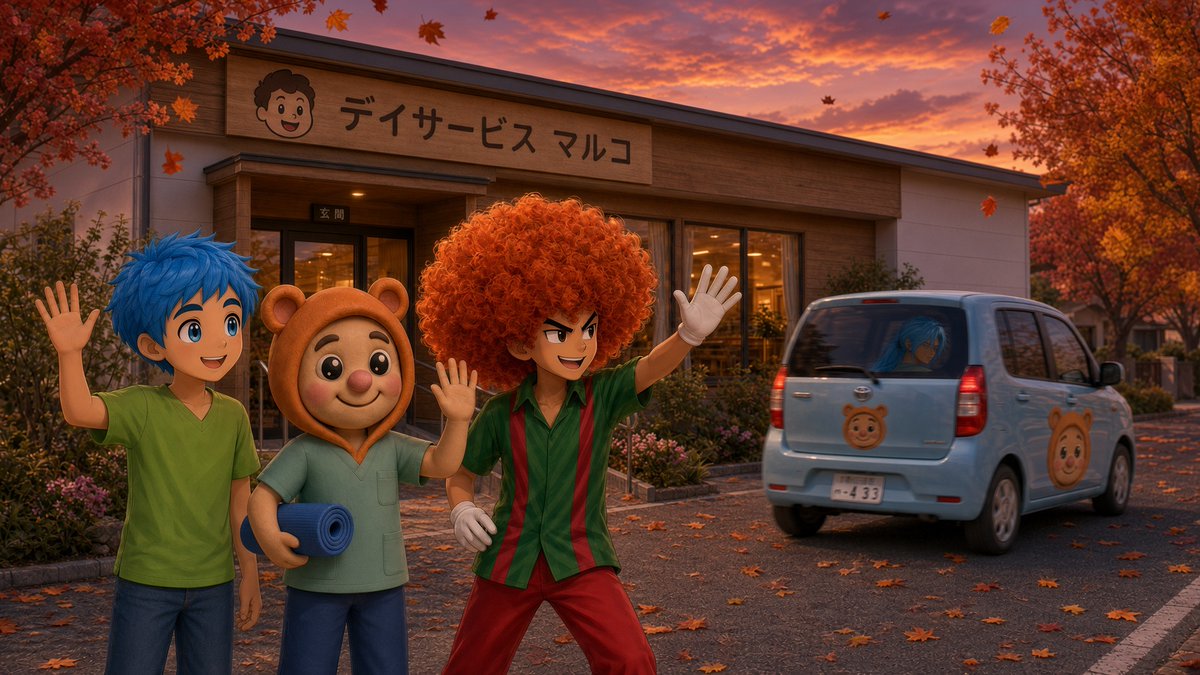 20hands's tweet photo. 晩秋の夕暮れ。デイサービス「マルコ」の前では、理学療法士たちが慌ただしく送りの支度を始めていた。
「あっ、アオイが訪問から帰ってきた。お疲れ様！」
視線の先では、黒塗りの送迎車の後部でリフトがゆっくりと降りていた。車いすのおばあちゃんが、スタッフの女性に支えられながら車に乗り込もうとしている。
おばあちゃんは少し緊張した表情だったが、スタッフが「ゆっくりでいいですよ」と声をかけると、小さくうなずいた。
安全ベルトをかけてもらいながら、おばあちゃんがスタッフに「ありがとう」と小さく微笑んだ。その瞬間、入口のもみじの葉が風に乗って、ふわりと舞った。
#デイサービス　#送迎　#PTたち