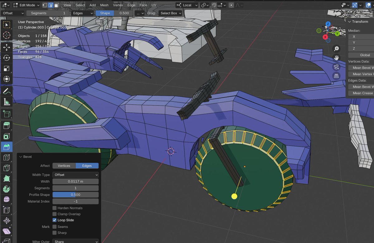 NullCorpus's tweet photo. love stumbling on uses for tools in #blender
- SHIFT-Z xray, so i can [C]ursor through these edges
- then bevel the edges
- scale them all out (non-proportional)
- then extrude them while still selected
- wheelchonk

#gamedev https://t.co/8qYnPwV18P