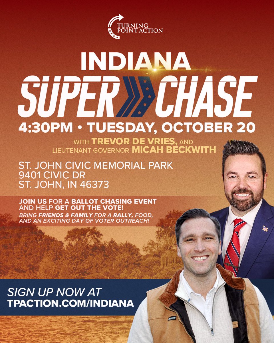 MicahBeckwith's tweet photo. The energy on the ground at the @TPAction Super Chase events has been incredible! Patriots are showing up, getting involved, and making it clear that Hoosiers are ready for strong, principled leadership!

We’re fired up by the overwhelming response we’re receiving as we knock on doors, connect with voters, and rally support for Trevor DeVries (@Trevor4indiana) for Indiana State Senate!

Now is the time to turn that enthusiasm into action! Let’s get out, make our voices heard, and send Trevor to the Statehouse to fight for our conservative values and a stronger Indiana!

Let’s get to work, Hoosiers! 🇺🇸💪