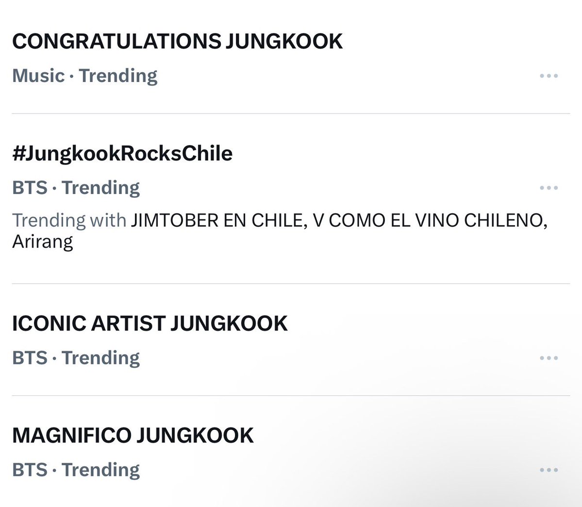 StanningJK's tweet photo. keep dropping your tags, these are the highest trends right now

RT &amp; reply

MAGNIFICO JUNGKOOK
ICONIC ARTIST JUNGKOOK 
#JungkookArirangWorldTour
#JungkookRocksChile #정국 https://t.co/bE3L1udXkl