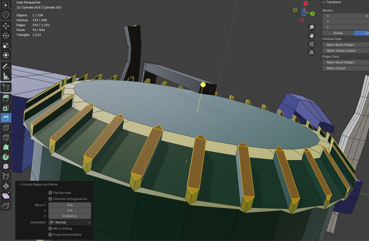 NullCorpus's tweet photo. love stumbling on uses for tools in #blender
- SHIFT-Z xray, so i can [C]ursor through these edges
- then bevel the edges
- scale them all out (non-proportional)
- then extrude them while still selected
- wheelchonk

#gamedev https://t.co/8qYnPwV18P