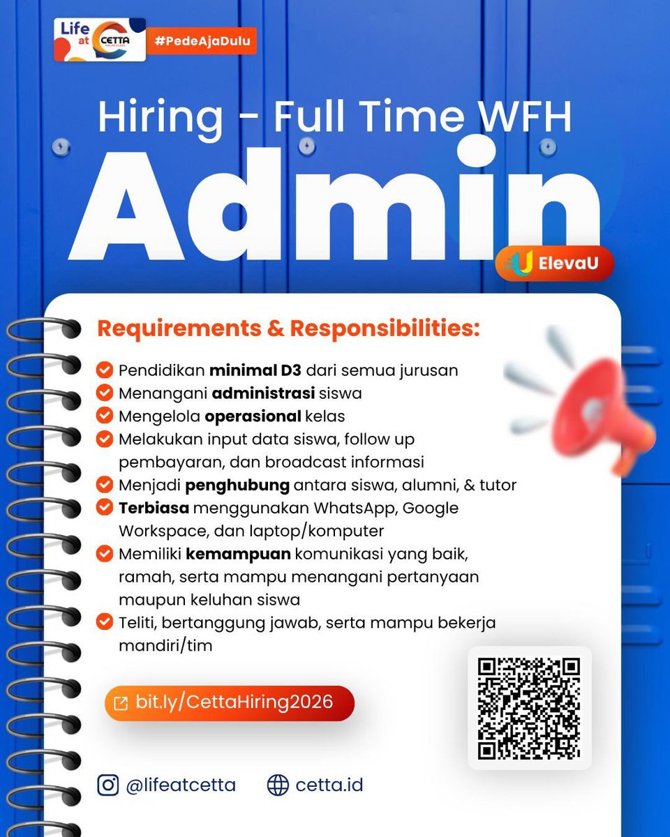 magnecareer's tweet photo. #LokerPam - CETTA - Admin Staff - WFH https://t.co/Q8zOD7Kxoj