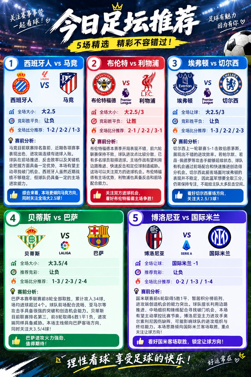 ArchitectureYy's tweet photo. 2026/10/17  五大联赛正在火热进行中
今日共5场欧冠赛事重心参考，早场模型筛选后并未预测如下图所示：

1️⃣西班牙人vs马竞
2️⃣布伦特vs利物浦
3️⃣埃弗顿vs切尔西
4️⃣贝蒂斯vs巴萨
5️⃣博洛尼亚vs国际米兰

#欧冠 #足球 #欧国联 #比分预测 #五大联赛 #体育赛事 #足球赛事 #足球竞彩 #巴萨 #曼城 #马竞 #国米 https://t.co/OK6Te53jD5