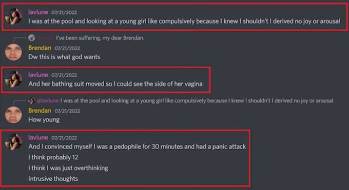 n1ghtkitten's tweet photo. leaked discord logs are being dug up of the animal abuser Foidelf/Lavlune, where she is admitting to compulsively checking out a 12 year old girl's genitals at the swimming pool

this is scary😓 https://t.co/ZKddSiNgrX