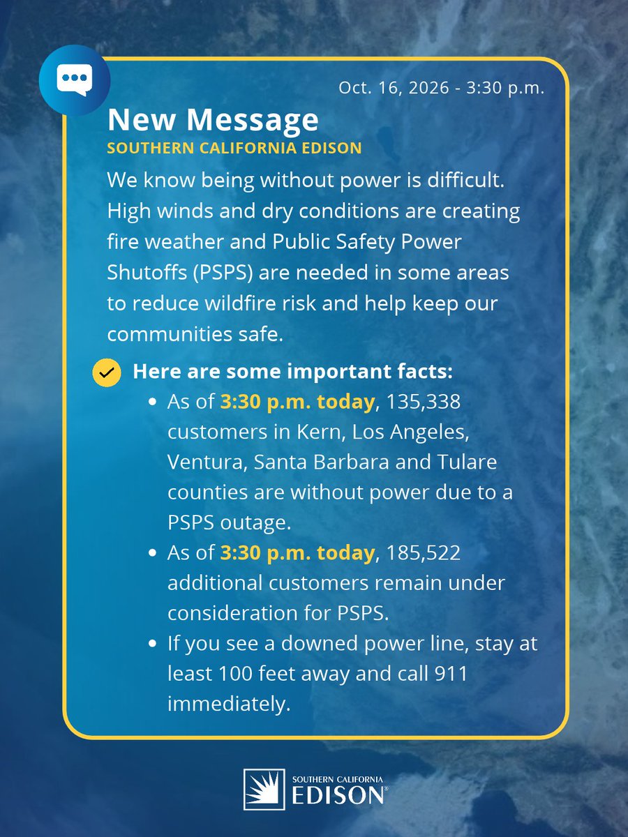 SCE's tweet photo. We know being without power is difficult. Shutting off power during dangerous fire weather reduces the risk of utility equipment starting a wildfire.

We have crews and staff members working continuously to restore power once conditions are safe. https://t.co/S4IxO9ep2j