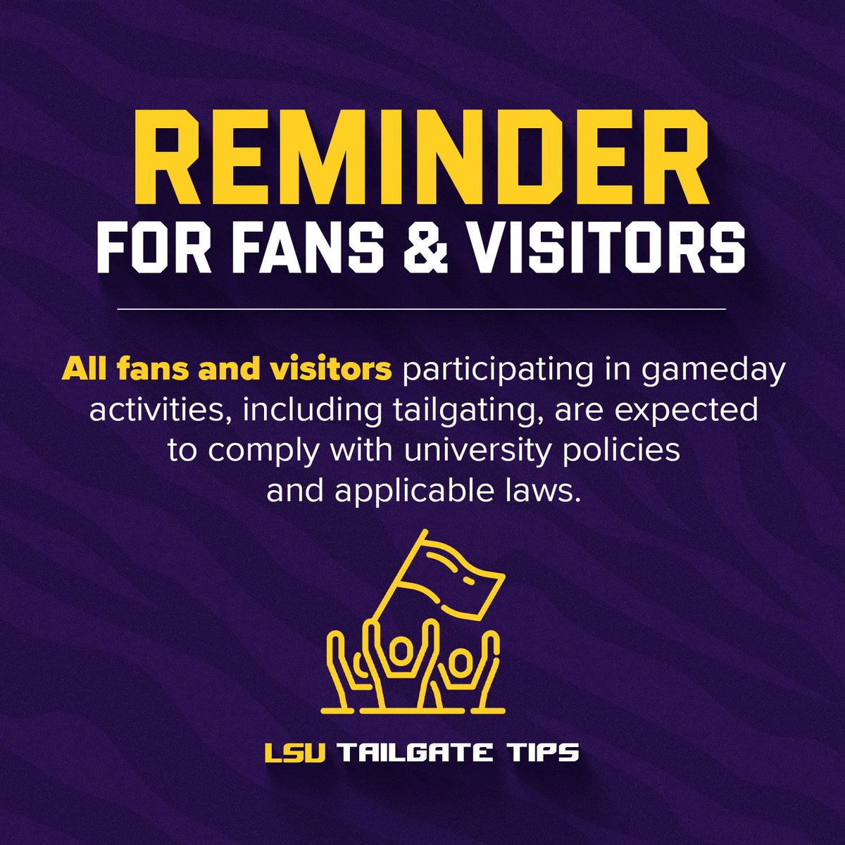 LSU's tweet photo. As we approach Homecoming weekend, we look forward to welcoming our LSU family and visitors back to campus for one of our most celebrated traditions. Celebrate responsibly, respect those around you and look out for one another.

To view the full gameday guide, click here:
https://t.co/6x2f5fQJJc