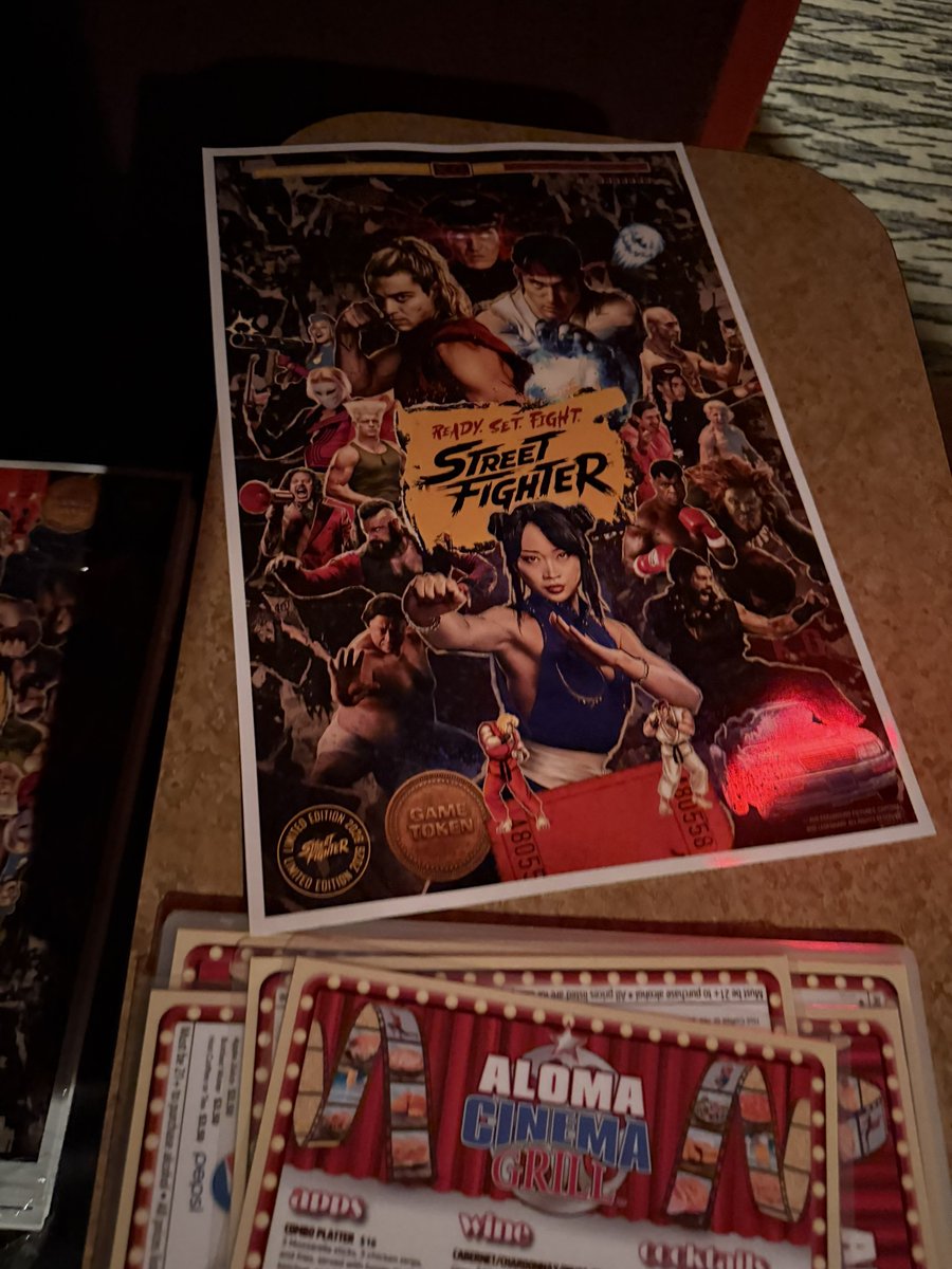Jebailey's tweet photo. Took over two theaters at the same time to watch the Street Fighter movie with the community. Big thank you to Aloma Cinema Grill for having us and some free posters to take home. https://t.co/Is35Zmk1fo