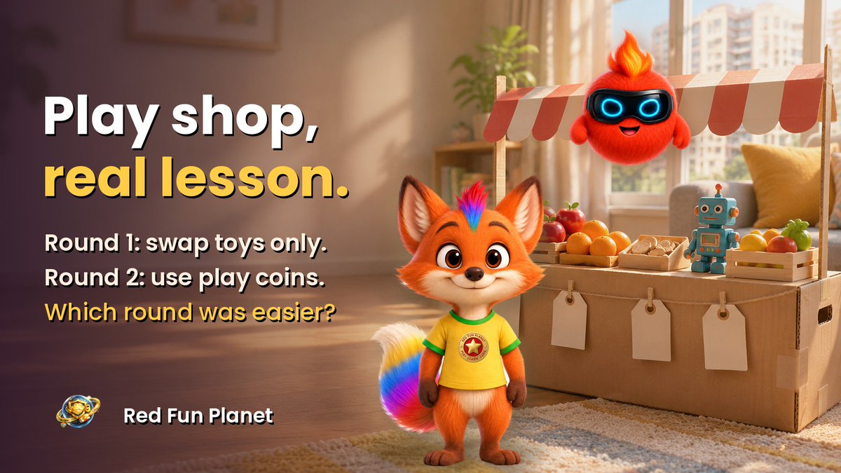 RedFunPlanet's tweet photo. Weekend idea: set up a play shop at home. 🍎🤖

Round 1: swaps only. An apple for a robot, anyone?
Round 2: add a few play coins and trade again.

Kids discover why money was invented.

Which round got more giggles at your place?

#RedFunPlanet #KidsAndMoney https://t.co/n7klhsk3DJ