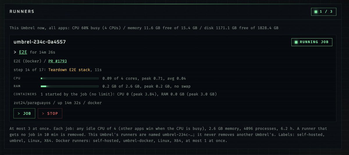 zot24's tweet photo. Got my GitHub Actions running directly on my @umbrel and it's looking good so far, now I can sent runs on demand to my local environment and safe some minutes on GitHub limits 👏

https://t.co/kQ5rxmuLnm https://t.co/JndOClsNpB