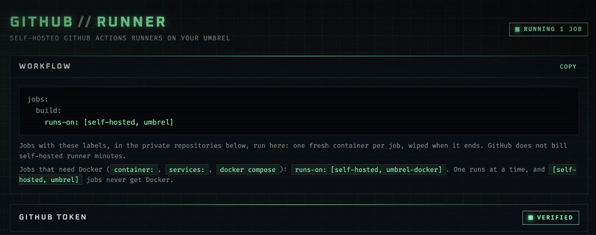 zot24's tweet photo. Got my GitHub Actions running directly on my @umbrel and it's looking good so far, now I can sent runs on demand to my local environment and safe some minutes on GitHub limits 👏

https://t.co/kQ5rxmuLnm https://t.co/JndOClsNpB