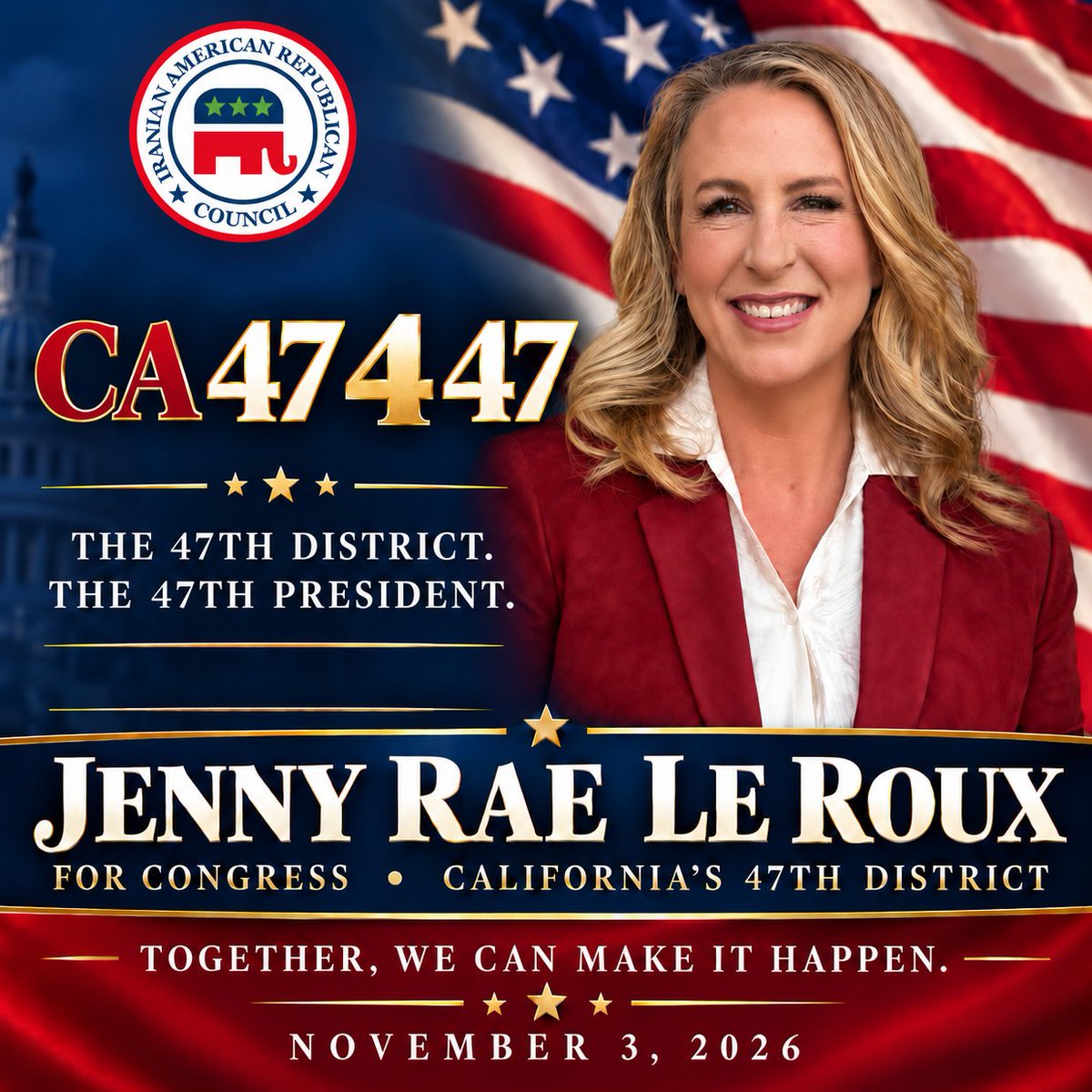 iarcgop's tweet photo. 🇺🇸 47-4-47
This is our moment. 
Let’s turn momentum into votes and make history together!
 ۴۷ برای ۴۷
این لحظه ماست؛
 شور و همراهی را به رأی تبدیل کنیم و با هم تاریخ بسازیم!
#47for47 #JennyRaeLeRoux #IARC۴۷برای ۴۷
این لحظه ماست؛ شور و همراهی را به رأی تبدیل کنیم و با هم تاریخ بسازیم!
#47-4-47 #JennyRaeLeRoux #IARC @JennyRaeCA