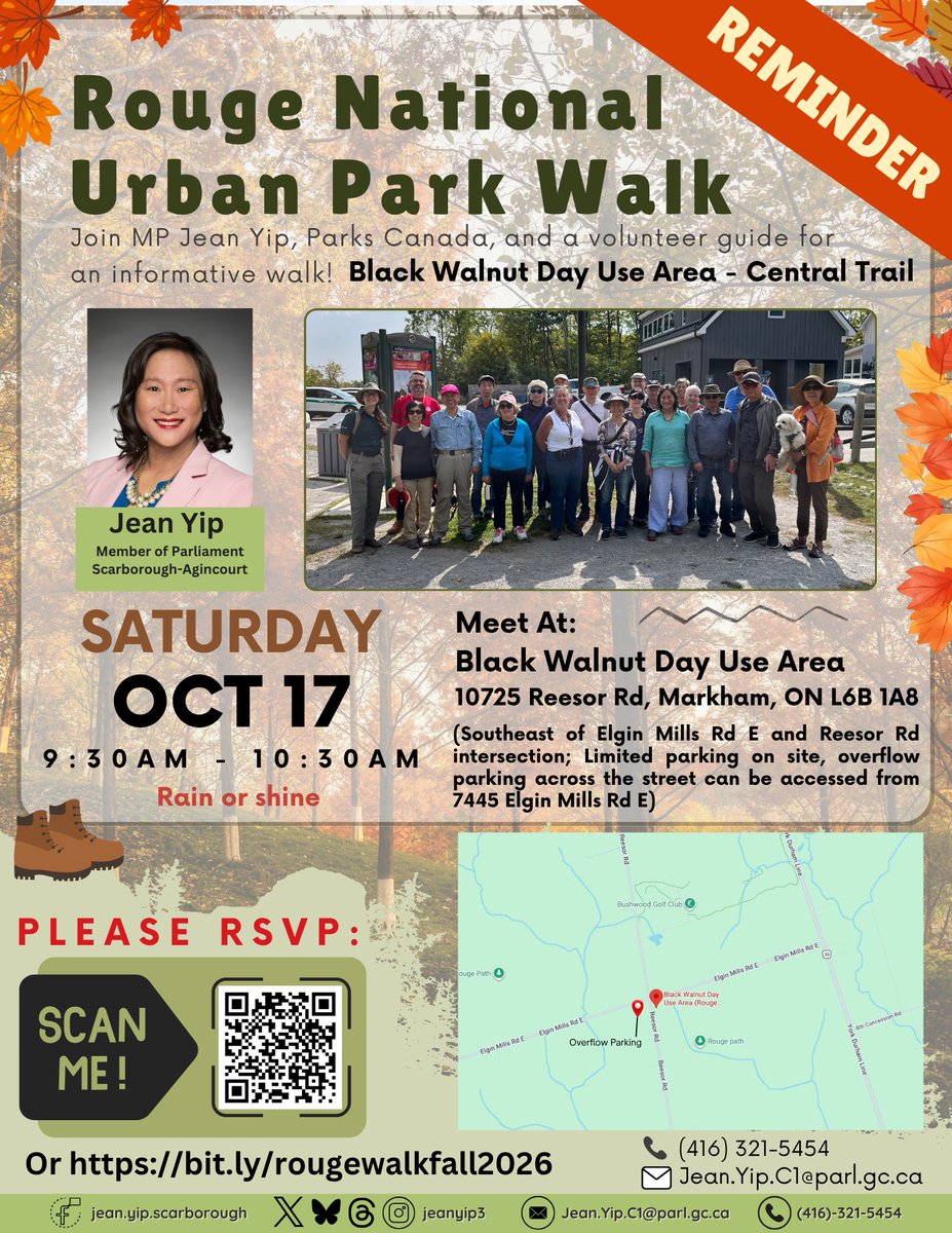 JeanYip3's tweet photo. 🍂 Come walk with us, nature is calling! 📣🌳 This is your reminder to join us for a fall walk in Rouge National Urban Park! 🚨

🥾 Lace up your walking shoes, bring a water bottle and enjoy a morning outdoors while discovering one of our natural treasures with a @parks.canada volunteer guide and me! 🍃

🌧️ Rain or shine, come ready to enjoy the trails!

➡️ Sign up: https://t.co/aEb8pEWCM3

#ScarboroughAgincourt