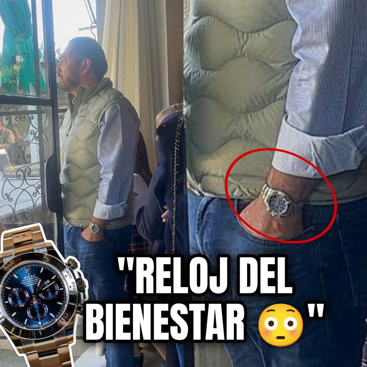 gralaguilar's tweet photo. En las fotos de Amilcar Olán en Suiza 🇨🇭 se le observa un bonito y humilde reloj Rolex Daytona en oro blanco con dial azul, conocido como el “John Mayer” 😳 que nadamás cuesta alrededor de 1 millón 300 mil pesos.  Vaya que es difícil ocultar una fortuna como la que hizo el amigo de Andy 🔴.
¿Y la austeridad dónde quedó maldito macuspano @lopezobrador_ ?
