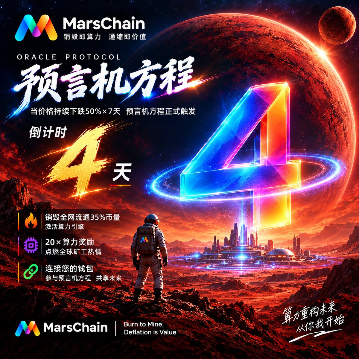 MarsChain_178's tweet photo. 🔥 MarsChain 预言机方程，倒计时 4 天！

倒计时越近，越要看懂机制。 真正值得关注的，不只是倍数，而是算力背后的逻辑。

销毁即算力，通缩即价值。 🚀 https://t.co/1hGfohJDvm