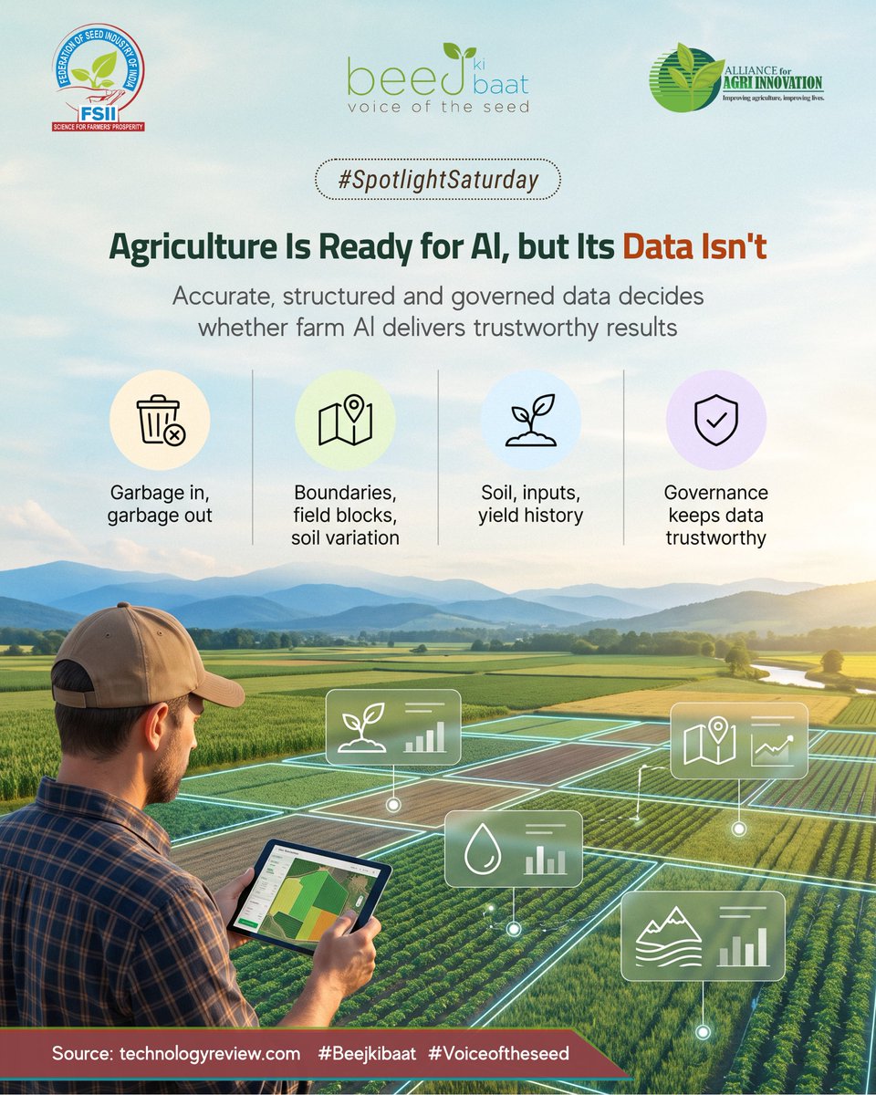 FSII_India's tweet photo. AI in agriculture needs reliable field-level data. Connected soil, input and boundary records ensure accurate recommendations and farm-relevant insights.
Read: https://t.co/ikoalkCVr6
@techreview 
#FSII #VoiceOfTheSeed #BeejKiBaat #spotlightsaturday https://t.co/WS3ixA1IcC