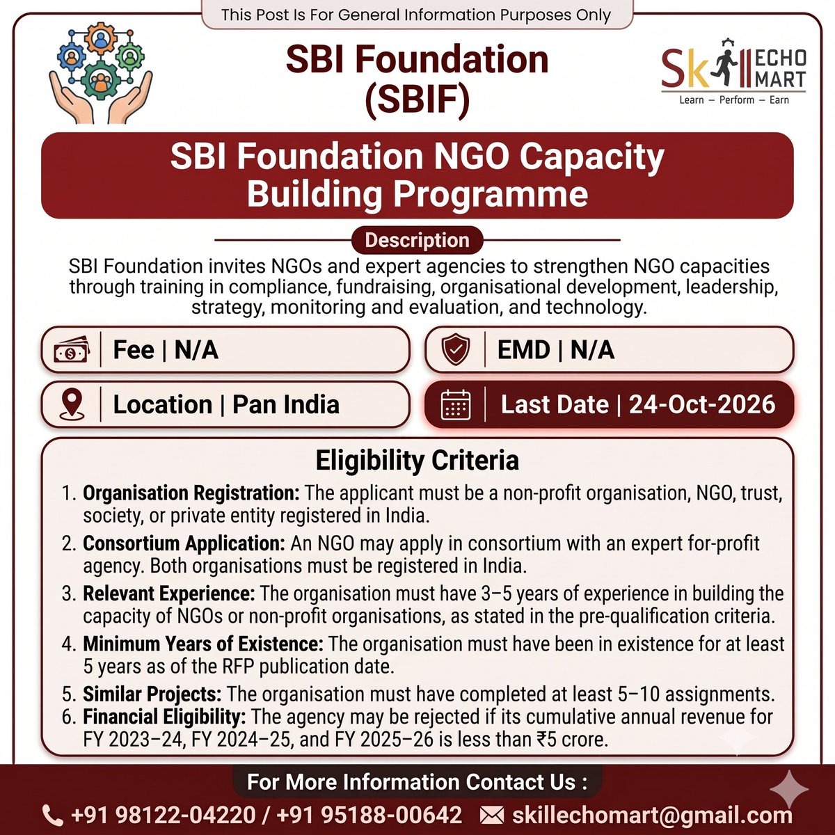 SkillEchoMart's tweet photo. Live Opportunity Alert: SBI Foundation (SBIF) | NGO Capacity Building Programme
Last Date: 24-10-2026
#SBIFoundation #NGOCapacityBuilding #NGOOpportunity #CapacityDevelopment #Fundraising #OrganisationalDevelopment #LeadershipDevelopment #MonitoringAndEvaluation https://t.co/QF6YQcKGbv