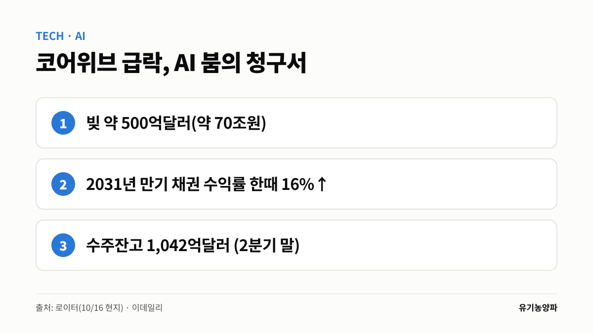 organic_onions's tweet photo. 오후 3시, AI 붐의 청구서.

AI 클라우드 코어위브가 이번 주 주가·채권 동반 급락.
빚 약 500억달러(약 70조원), 2031년 만기 채권 수익률 한때 16% 돌파(로이터).
일감(수주잔고 1,042억달러)은 넘치는데 빚내서 짓는 게 문제.

AI도 이자는 낸다.
뇌피셜, 투자권유 아님.

#AI #코어위브 https://t.co/DtlNfF6jKc