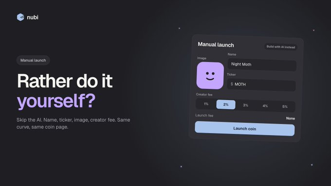 NubiLaunchSOL's tweet photo. Out of free prompts? Don’t want to spend credits?

Launch your token manually.

Add a name, ticker, image and description yourself, pick your creator fee, and you’re live. No AI, no credits.

Same curve, same coin page, same everything. https://t.co/wOxw5ku9Lx