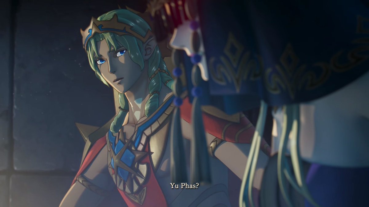 sapphicedelgard's tweet photo. i know we all dunk on solel because he has negative braincells, but his expression in this cutscene is SO good. he's equal amounts of horrified, curious, and downright confused. the shadows on his face from the lighting add so much pain and longing. it's his big wtf moment https://t.co/O1UdCMckSl