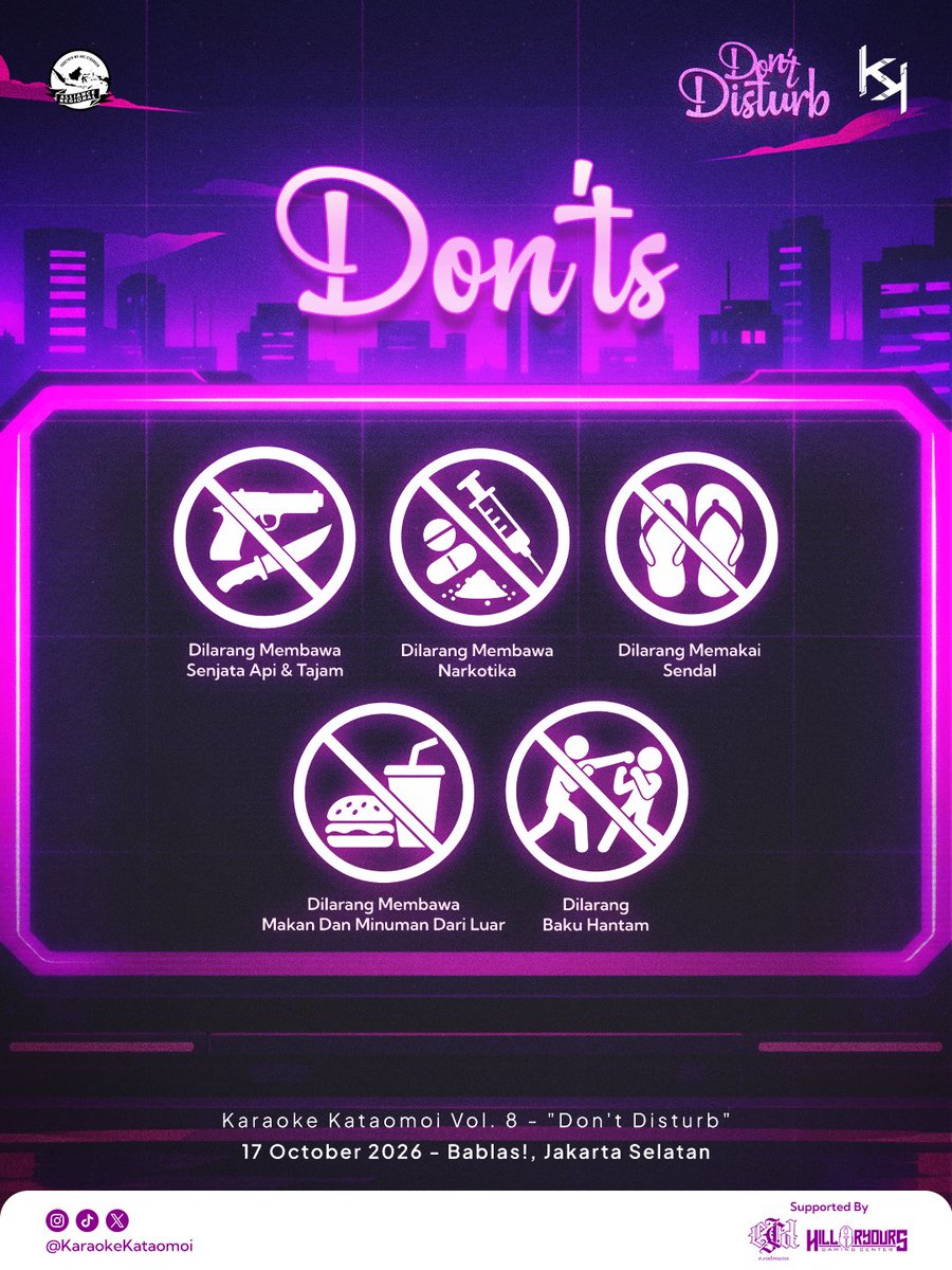 KaraokeKataomoi's tweet photo. TODAY IS THE DAY!💜

Jangan lupa untuk selalu perhatikan Do’s and Don’ts demi keberlangsungan acara agar tetap berjalan lancar dan menyenangkan untuk kita semua~

Sampai bertemu di Karaoke Kataomoi Vol. 8: Don’t Disturb🚫💜

#KaraokeKataomoi
#KaraokeKataomoiVol8 https://t.co/GvYARg3Kyh