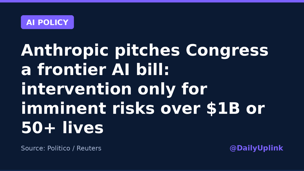 DailyUplink's tweet photo. Anthropic has quietly shared a draft frontier AI safety bill with lawmakers, Politico reports. The government could block a model only over imminent risk of $1B+ in damage or 50+ deaths or serious injuries, and only a D.C. federal judge could order a suspension.

#AI #AIPolicy https://t.co/Ybpp5GR5jN