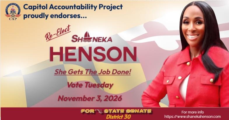 CAPTaskforce's tweet photo. 🔥 CAP proudly endorses Senator Shaneka Henson for reelection to the Maryland Senate, District 30!

COURAGE. CONVICTION. ACCOUNTABILITY.

CAP recognizes her continued engagement, commitment to Marylanders, and courage to confront difficult issues.

A voice that challenges! https://t.co/l4vQW7hkoX