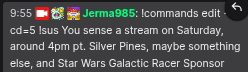 dukes55710's tweet photo. #jermatwt #jermaupdate

Jerma is streaming Sliver Pines, maybe another game and then the Star Wars Galactic Racer sponsor!

[4:00PM PST / 7:00PM EST] https://t.co/rmrKZKLLB1