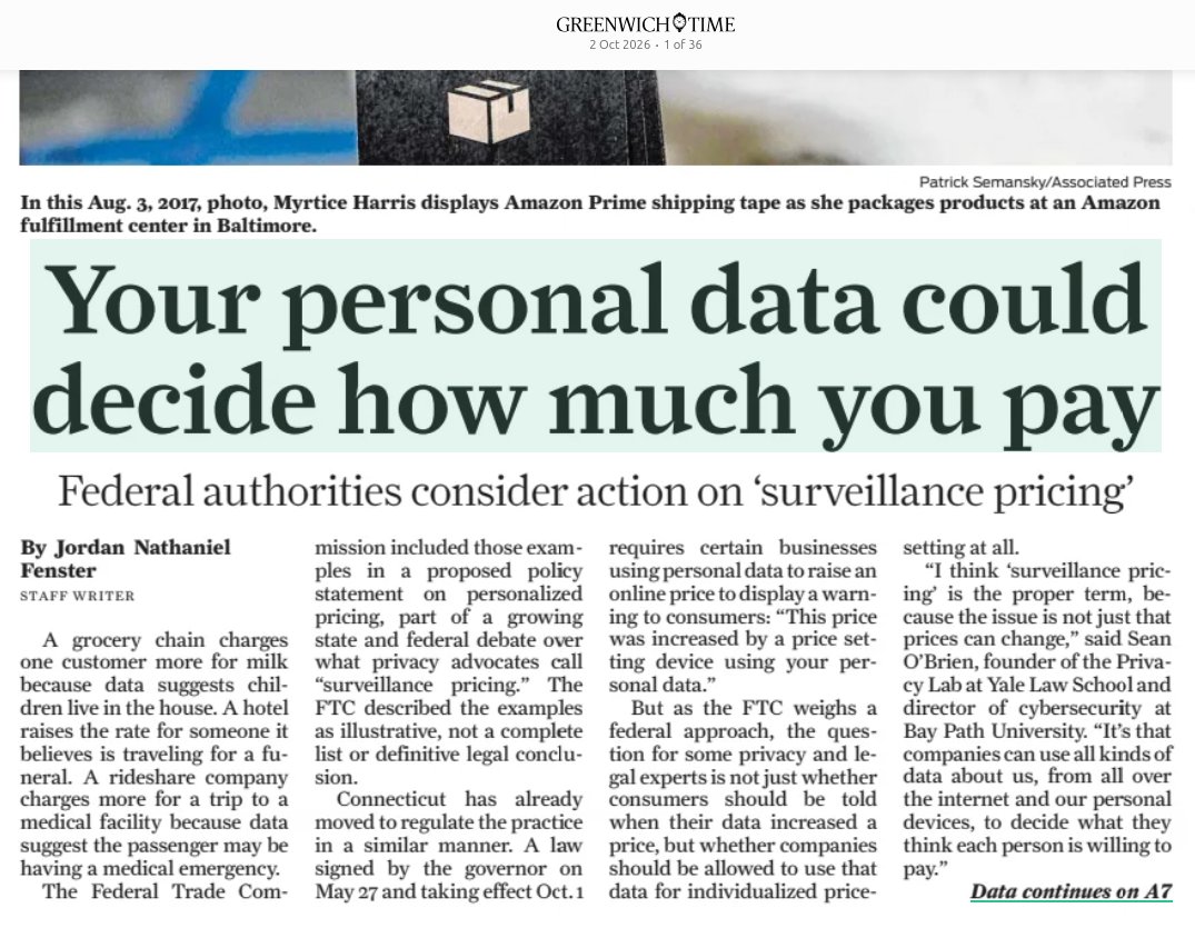 profdiggity's tweet photo. I was in the print edition of @GreenwichTime talking about #surveillance pricing. @Jordanfenster https://t.co/AJyCmyChN8 https://t.co/60cQYIDLYd