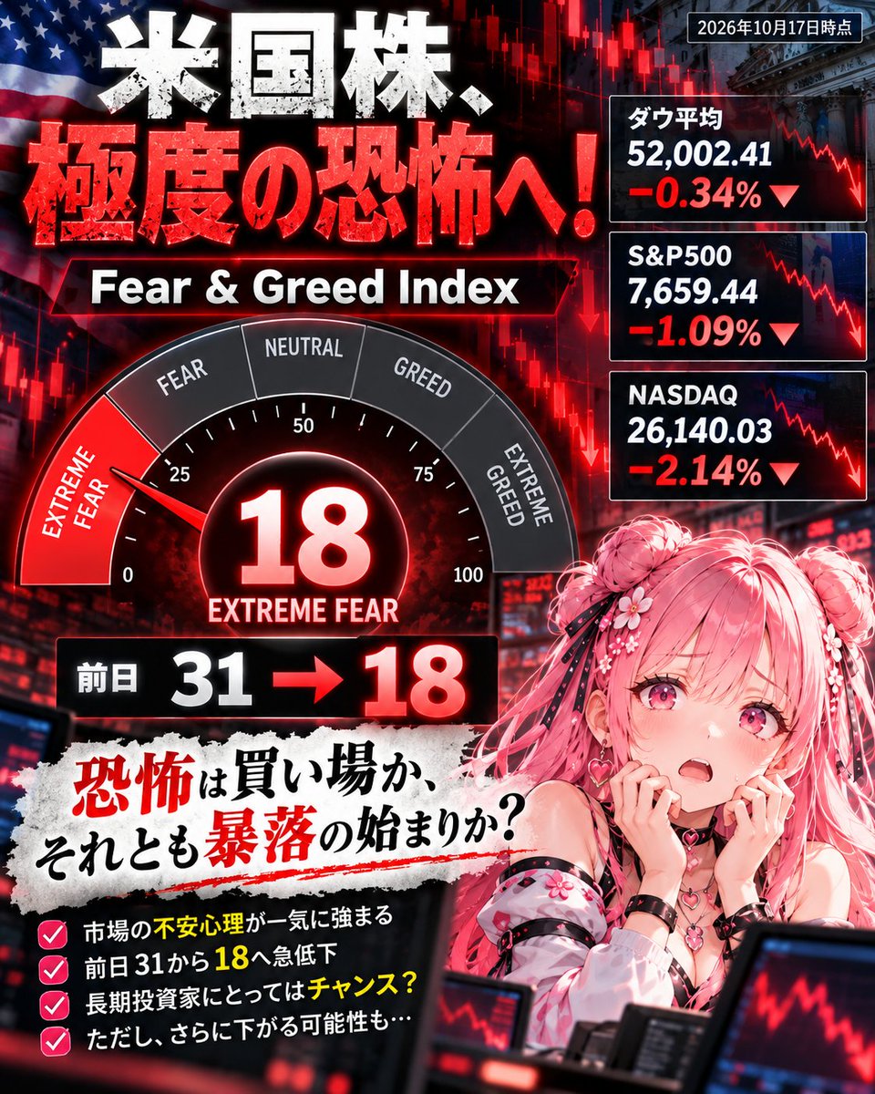 JEPIsaikyo's tweet photo. 🚨 米国株、ついに「極度の恐怖」へ突入😱

CNN Fear & Greed Indexが【18】に急落！

📉 ダウ：−0.34%
📉 S&P500：−1.09%
📉 NASDAQ：−2.14%

しかも恐怖指数は前日31 → 18へ急低下。

市場心理が一気に冷え込んでいます🥶

でも、こういう時こそ思い出したい。

「みんなが怖がっている時こそ買い場」

ただし、恐怖指数18だからといって底値とは限りません。さらに下がる可能性も十分あります。

私はこういう局面こそ、焦らず少しずつ買い増したい派です💰
#米国株 #NASDAQ #SP500 #FearAndGreed #株クラ #投資少女