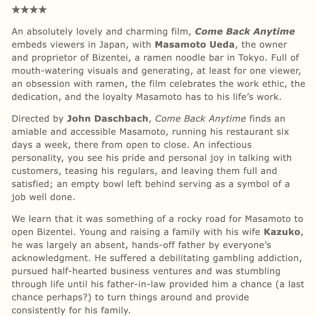 ComeBackDoc's tweet photo. #びぜん亭🍜映画
米国🇺🇸シアトル上映時
現地の映画ライターが
書いてくれた批評です✒️📰

[SHOULD I SEE IT]という
サイトに掲載された記事冒頭は
"An absolutely lovely and charming film"
(本当に素敵で魅力的な映画)と
褒め言葉でスタート😍🥰

"見るべし"と評価されたって
理解で🆗ですよね❓😉 https://t.co/8XZ49axjxC