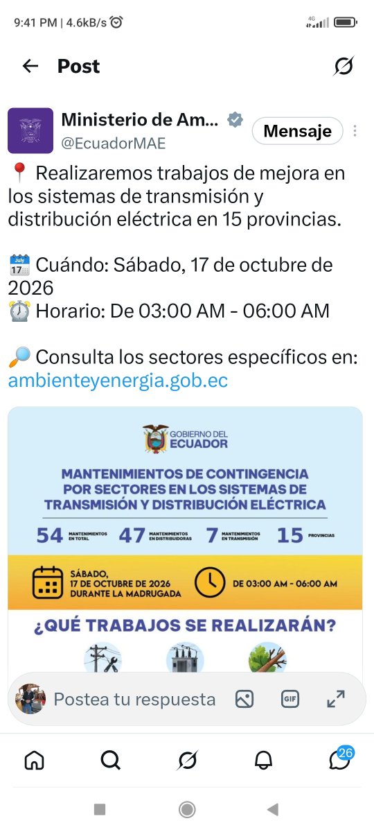 usuariosdigital's tweet photo. #AlertaDigitalEC
@EcuadorMAE informa de #ApagonesEC en 15 provincias el sábado 17 de octubre de 3 a 6 AM
⚠️URL para consultar sectores específicos presenta problemas de carga https://t.co/MB7TUN70kn https://t.co/5HfWepAocX