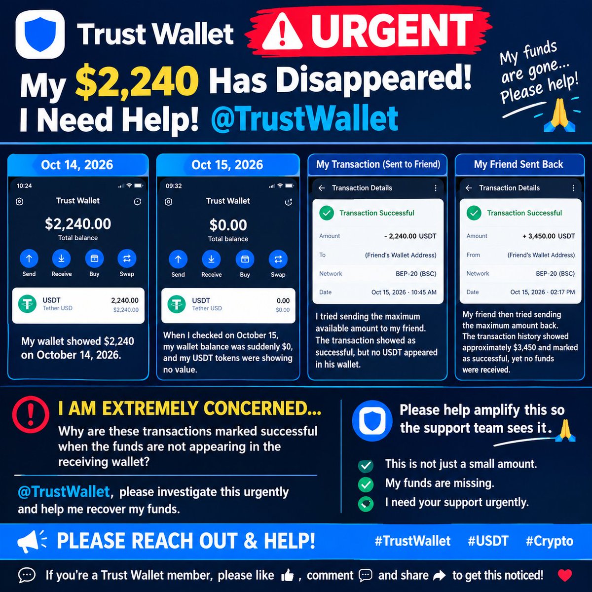 MVenkat01779147's tweet photo. 🚨 @TrustWallet My $2,240 USDT has disappeared! Transactions show SUCCESSFUL, but no funds were received. 💔 Please investigate urgently and help recover my money. 🙏
❤️ Trust Wallet members, please like, comment &amp; repost to get their attention!
#TrustWallet #USDT #Crypto https://t.co/sM2XF6pMDX