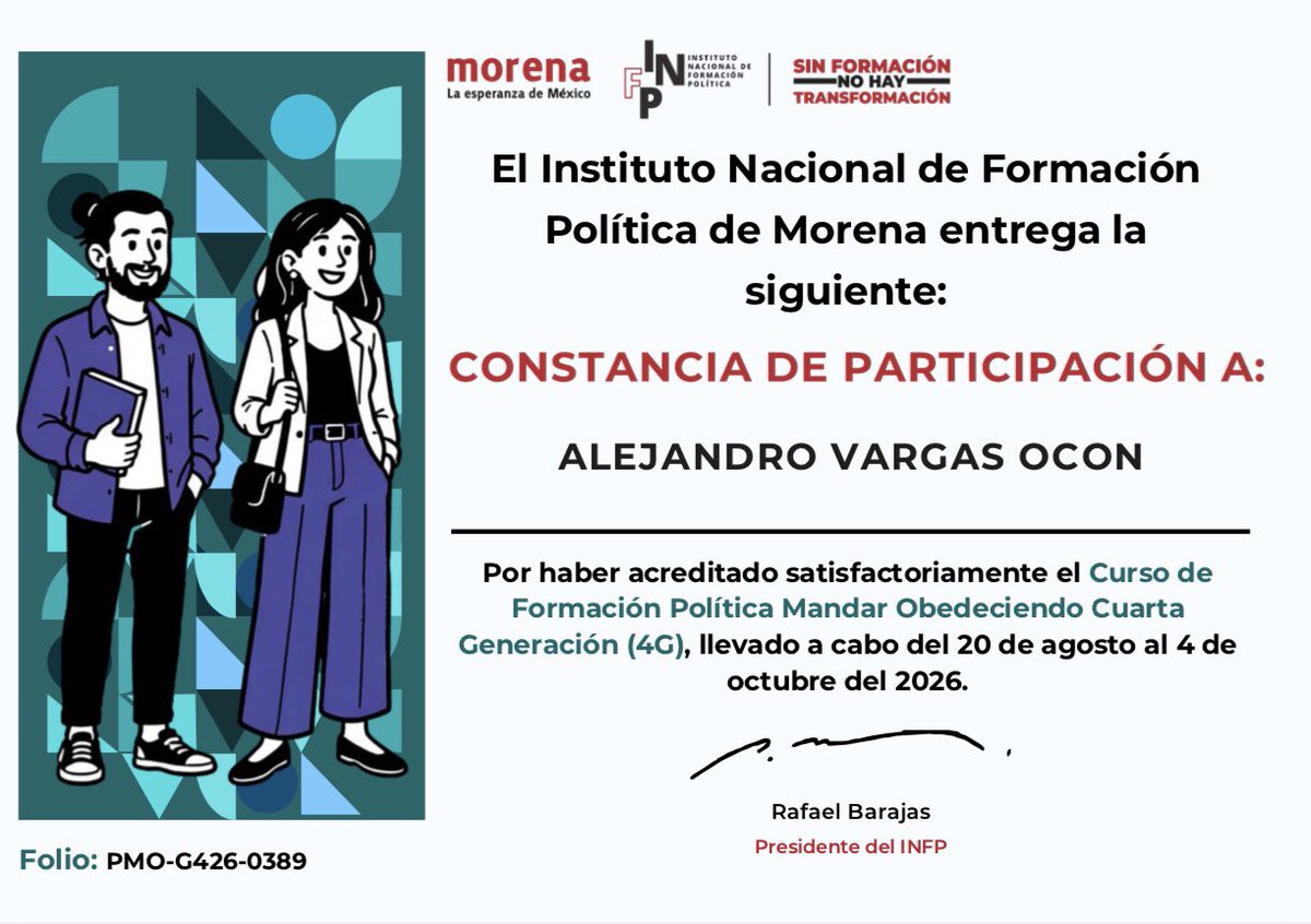 a_vargas_ocon's tweet photo. Les comparto que he recibido mi constancia en la acreditación del Curso de Formación Política Mandar Obedeciendo Cuarta Generación, LEGISLADORES.

✍️ ⛓️

#Morena #INFP #Legisladores https://t.co/GnTT4uvpEX