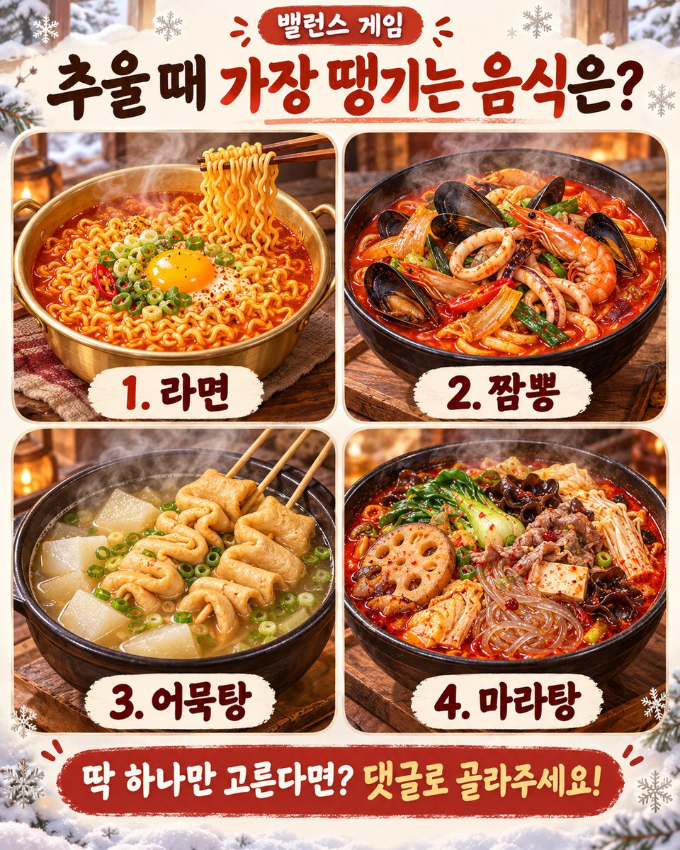 hyedn8131's tweet photo. 쌀쌀할 때 생각나는 뜨끈한 국물 🍜 딱 하나만 먹을 수 있다면?

① 라면 ② 짬뽕 ③ 어묵탕 ④ 마라탕

분명 하나 고르랬는데… 고민할수록 먹고 싶은 것만 늘어남ㅋㅋ 🤤 여러분의 선택은 몇 번인가요? https://t.co/LgULFpTY9v