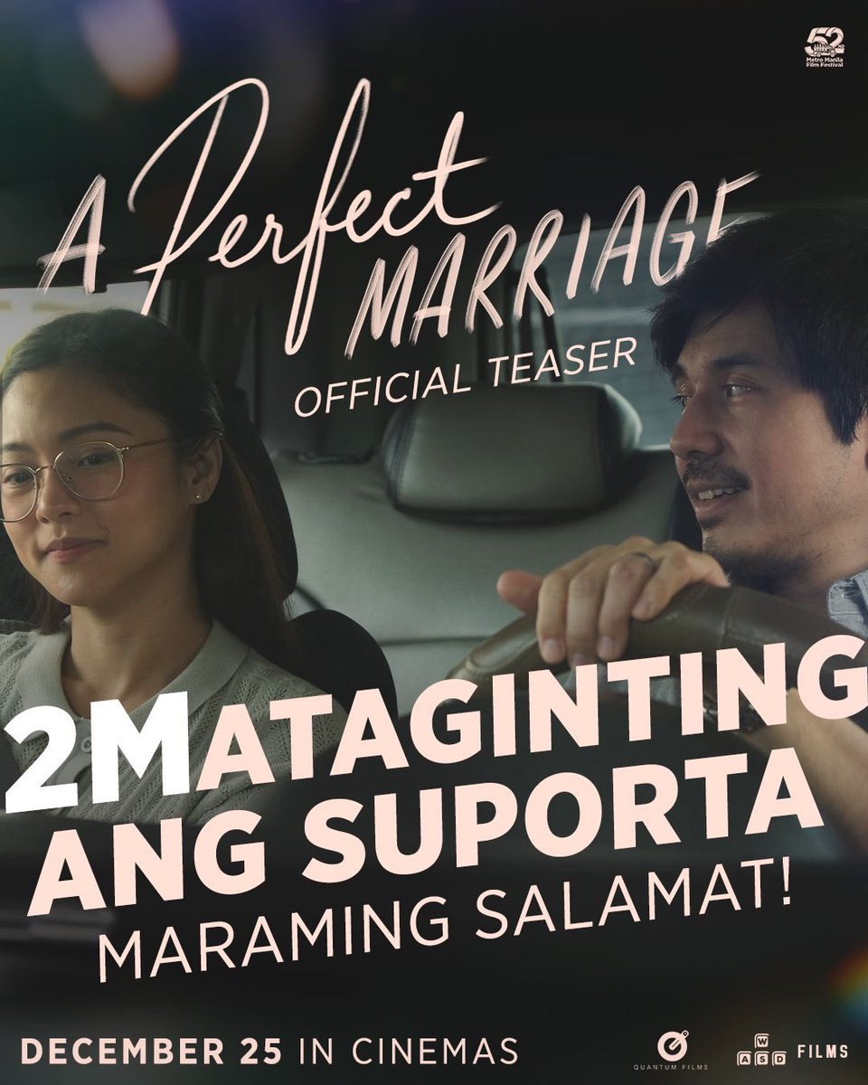 quantumfilmsph's tweet photo. Nakaabot na sa 2 MILLION organic views and engagements ang #APerfectMarriageTeaser—and counting! 

THANK YOU for helping us share Mara and Joel's story about hardships, longing, and hoping.❤️‍🩹

Catch the full story on DEC 25
#APerfectMarriageMMFF
#MMFF2026
#QuantumFilms
#WASDFilms https://t.co/9klHBDOTLU