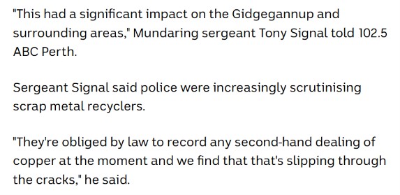matthaydenau's tweet photo. Soon after posting last tweet mentioning possible signal related to Tony I saw this which quotes ... Tony Signal.😲It's about copper wiring theft, features copper Blanch (who died recently?). Note what I said about rewiring at 5 mins in video. #Auspol https://t.co/j0zptTVJLS https://t.co/E6UxNx3Rkt