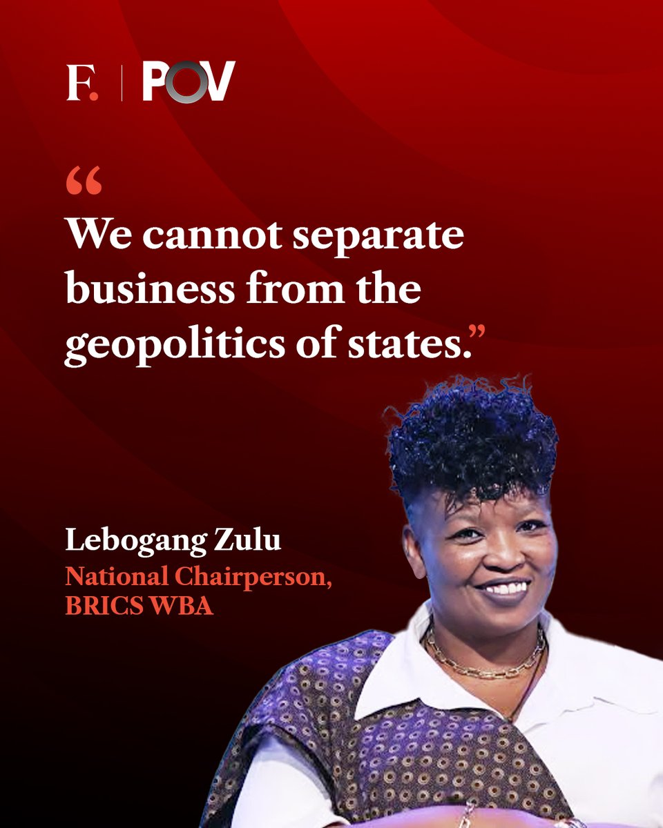 firstpost's tweet photo. “We cannot separate business from the geopolitics of states,” says Lebogang Zulu, National Chairperson of the BRICS Women’s Business Alliance in South Africa.

#FirstpostPoV with @alysonle https://t.co/kS9Wz0r4qE