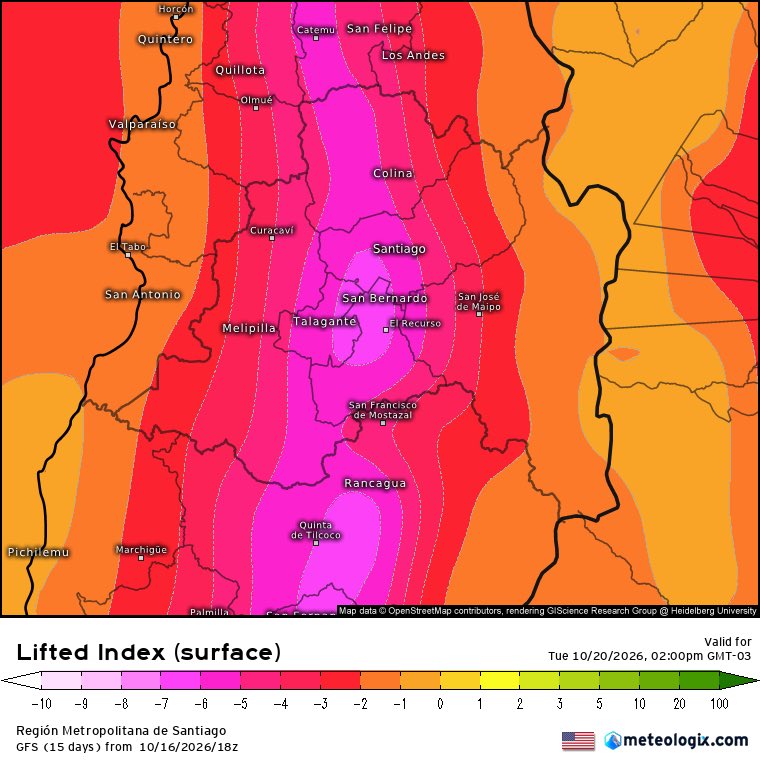 verdeptune's tweet photo. Este martes 20 de octubre se prevé un ambiente favorable para el desarrollo de tormentas eléctricas potencialmente fuertes en la Región Metropolitana de Santiago. Los modelos proyectan un Lifted Index cercano a -7 (entorno altamente propicio para el desarrollo de tormentas eléctricas severas), SBCAPE superior a 1400 J/kg, cizalladura de 82 kt (200–850 hPa) y helicidad 🌀 de 110 m²/s² (0–3 km).

La elevada inestabilidad atmosférica, combinada con mecanismos de ascenso forzado y convergencia local, podría favorecer el desarrollo de convección profunda y una actividad eléctrica significativa, como se ha observado en episodios recientes este mes.

Entre los fenómenos posibles destacan granizadas, descargas eléctricas frecuentes, precipitaciones intensas en cortos períodos y fuertes ráfagas de viento.

Imagen: Meteologix
