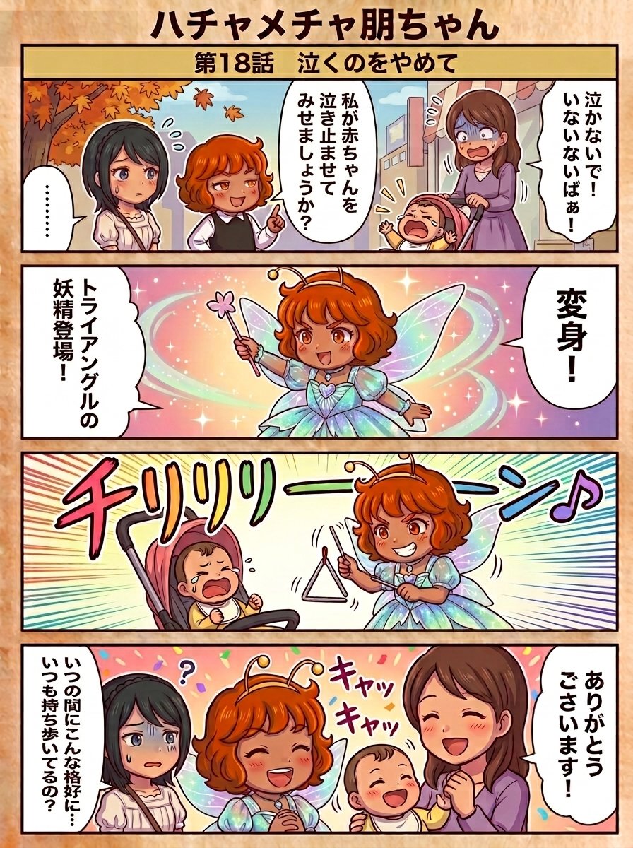 Gundamcard's tweet photo. ハチャメチャ朋ちゃん』第18話です。
#AI4コマ漫画 　#4コマ漫画　#ハチャ朋　#妖精 https://t.co/xJGkcCRSAm