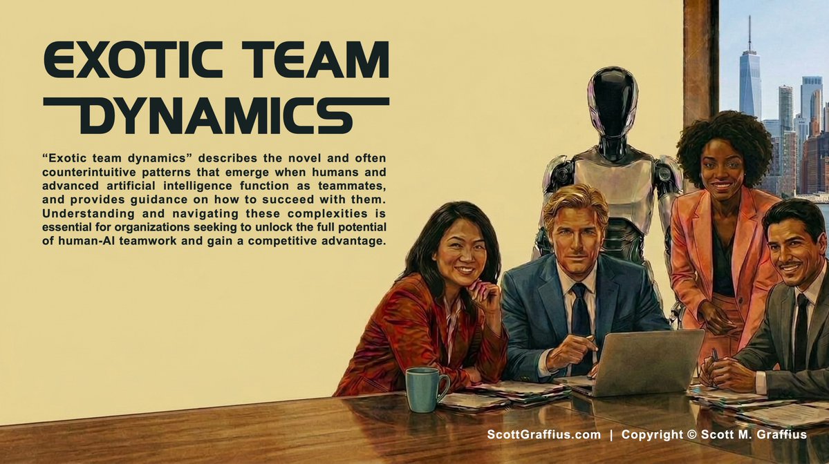 AgileScrumGuide's tweet photo. Exotic team dynamics describes the novel and often counterintuitive patterns that emerge when humans and advanced AI function as teammates, and how to succeed with them

Oct. 2026 update from @ScottGraffius: https://t.co/HvxEtzCju0

#FutureOfWork #HumanAI #Collaboration #Teamwork https://t.co/cb45PR4lqJ