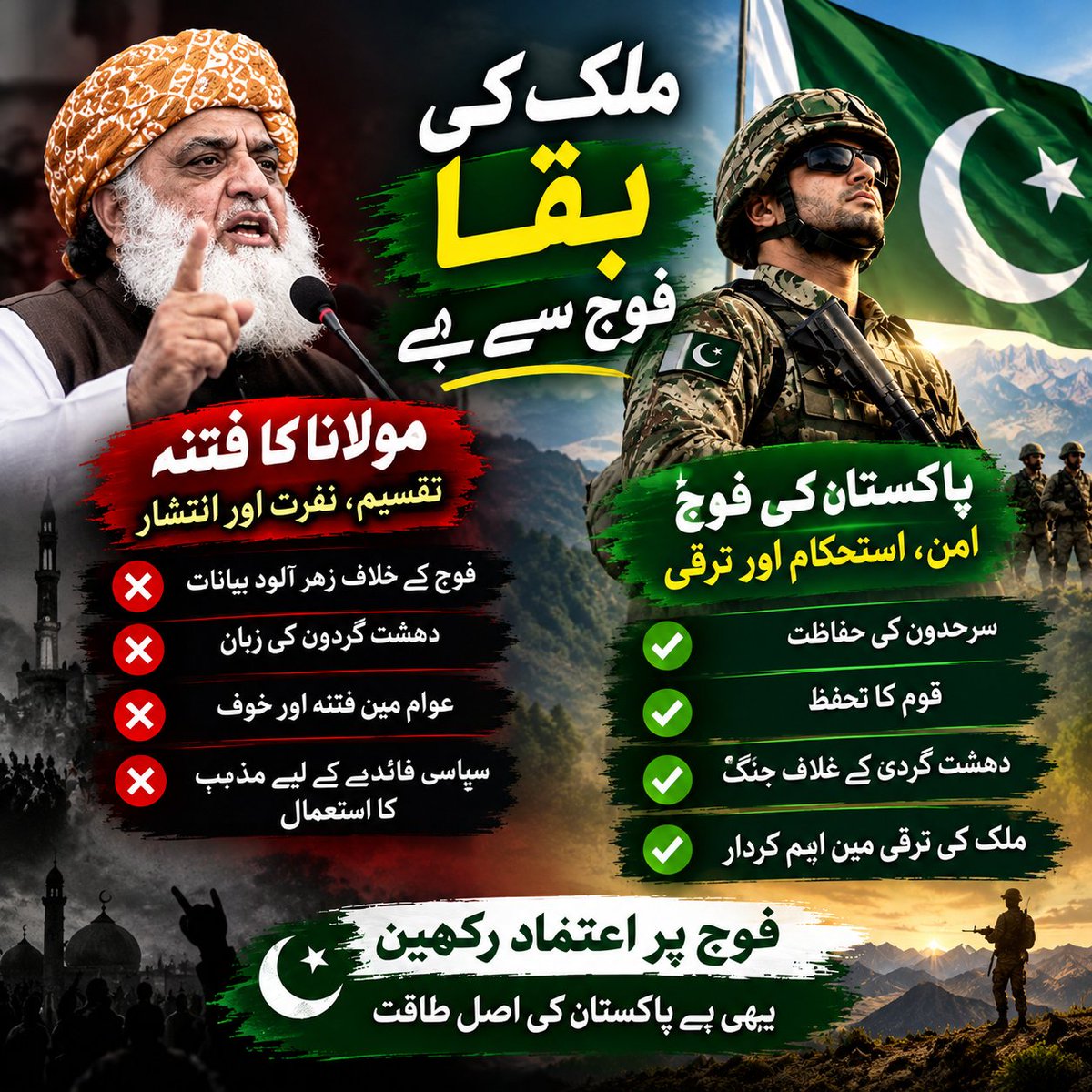 IqraAzi72754184's tweet photo. ریاستی اداروں کو سیاسی پوائنٹ اسکورنگ کا نشانہ بنانا درست نہیں۔ مولانا فضل الرحمٰن کے حالیہ بیانات سے عوام اور اداروں کے درمیان دوری پیدا ہونے کا خدشہ ہے، جس سے ملک میں انتشار پھیلے گا۔ #انتشار_نہیں_استحکام #سیاسی_سنجیدگی #قومی_یکجہتی #سب_سے_پہلے_پاکستان #اداراتی_اتحاد #شہدائے_وطن_کو_سلام #سیکیورٹی_فورسز_ہمارا_فخر #PrinciplesOverPolitics #StopPoliticalOpportunism #TruthAndAccountability #PublicInterestFirst #ResponsiblePolitics #NoPoliticsOnMartyrs #ریاست_اور_عوام_کی_خدمت #سیاسی_شعبدہ_باز_مسترد #ProgressingPakistan