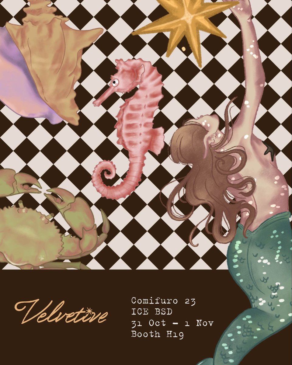 blowingacid's tweet photo. We’re back with breezy summer feeling at #cf23, with our newest collection (and halloween sale drop!)
See you folks at ICE BSD, 31 Oct - 1 Nov!
.
.
.
#velvetive #vintage #comifuro #cf23catalogue 

🏷️ bookmark twilly sticker scarf pouch scarf keychain oc https://t.co/d8ps7aSmM5