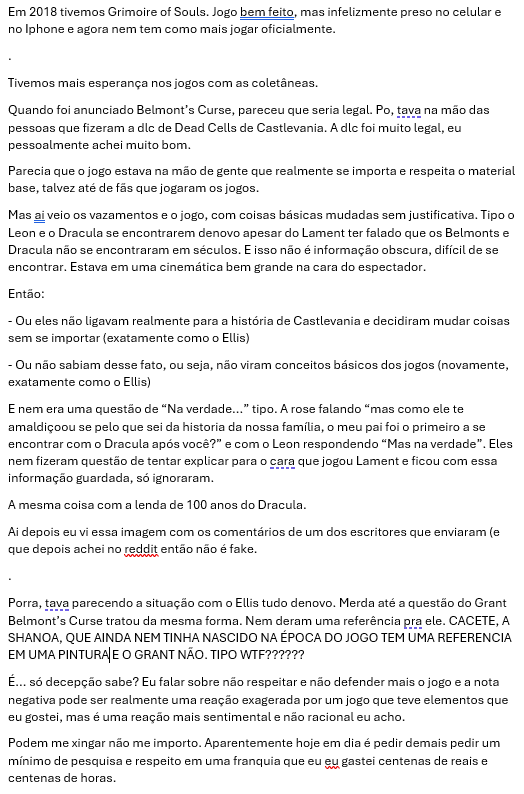 CastlevaniaBR's tweet photo. Alerta de textão.

Desculpem o desabafo em cima de uma franquia de jogos, que pode ser chororo e reclamações futeis/banais para alguém.

Não vou bloquear ou xingar ninguém por falar esse tipo de coisa de mim.

Esquerda para a direita. https://t.co/ETmIcCSOzc