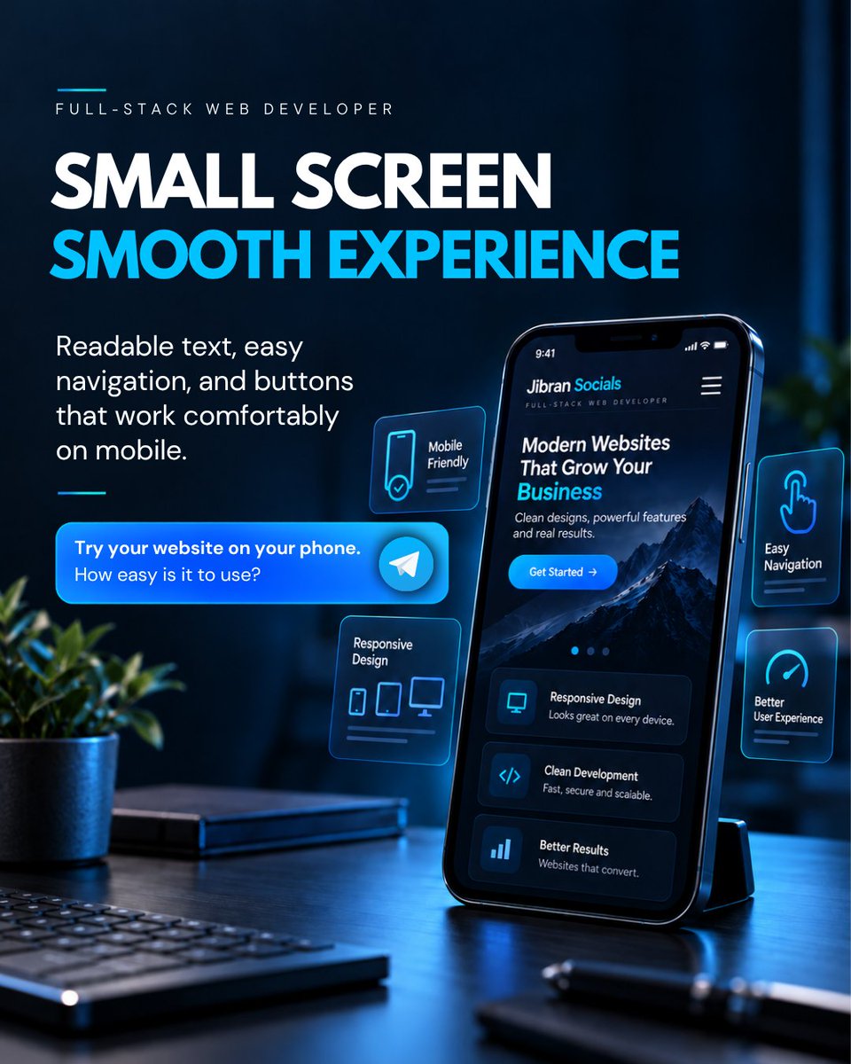 Jibraneh's tweet photo. Small screen, smooth experience. 

 Make your website mobile-friendly with readable text, easy navigation, and tap-friendly buttons. Better mobile UX starts here

Send me a DM!

#ResponsiveDesign #WebDesign #UX https://t.co/y33dlnLs2y