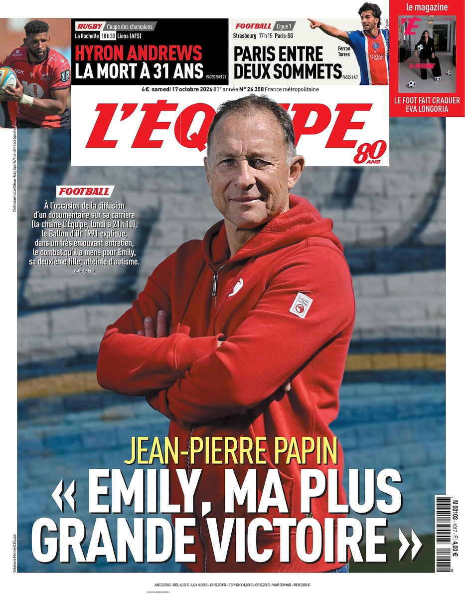 lequipe's tweet photo. 🗞️ La une du journal L'Équipe du samedi 17 octobre 2026
Pour lire votre édition➡️ https://t.co/n32ARLHo3r https://t.co/GUxvwrdbC0