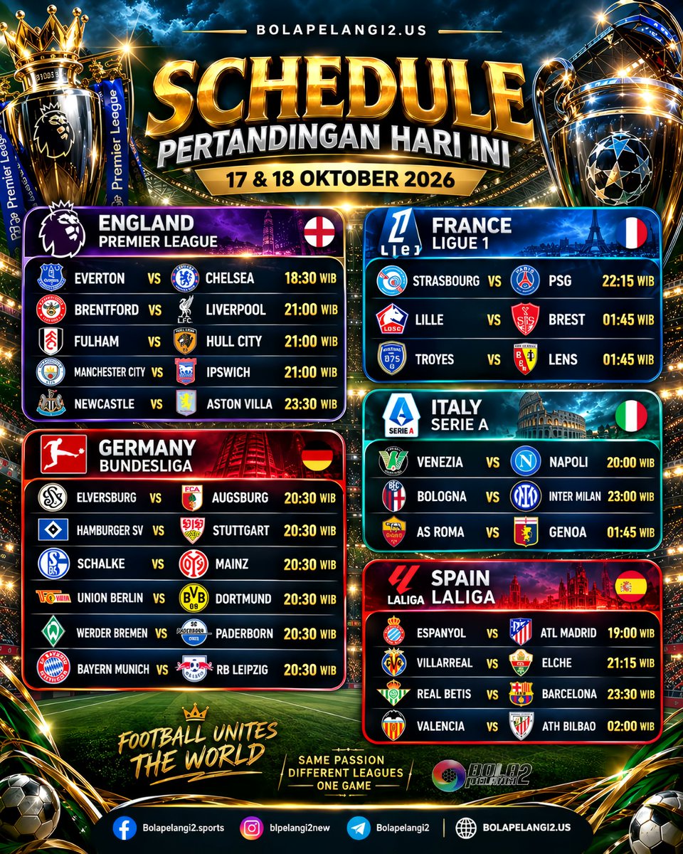 Bopel2Official's tweet photo. ⚽🔥 FOOTBALL WEEKEND IS HERE!
💬 Laga mana yang paling kamu tunggu?
⚡ Satu akhir pekan, banyak pertandingan, satu gairah sepak bola!
#JadwalBola #JadwalBolaHariIni #BeritaBola #SepakBola #PremierLeague #Bundesliga #SerieA #LaLiga #Ligue1 #BolaPelangi2 https://t.co/pp2DNnBuLX